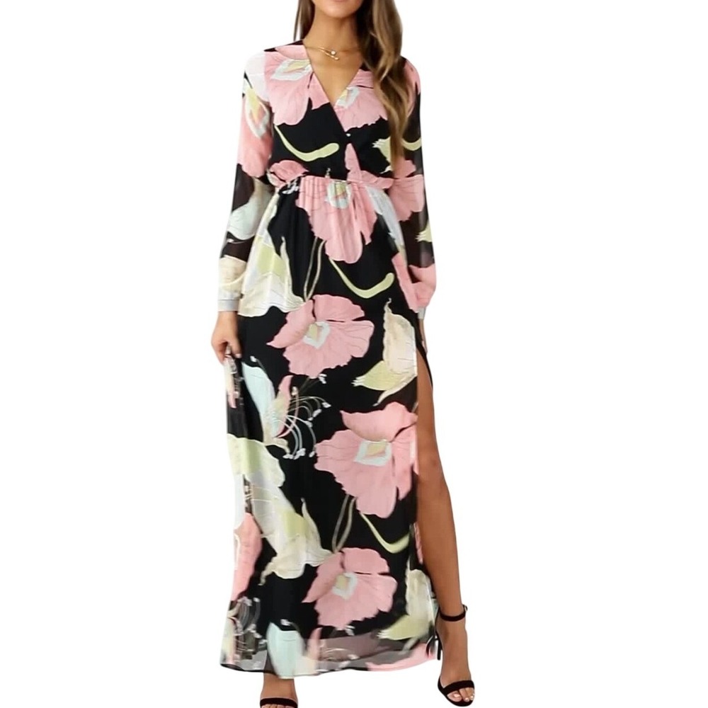 Lulus Floral Maxi Dress Women Medium Black Pink Long Sleeve Slit Boho